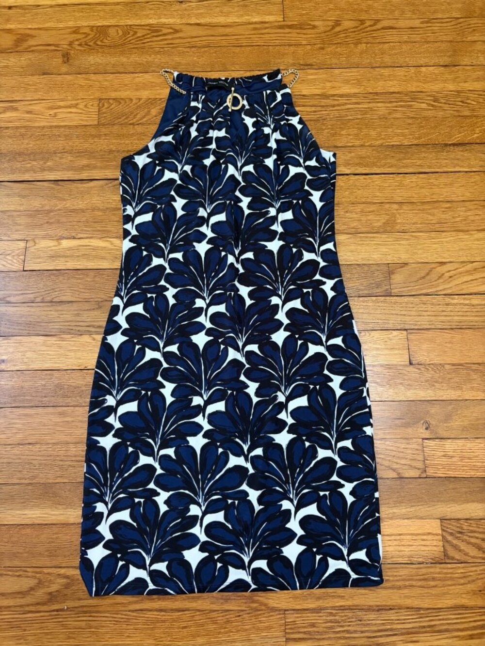 Ivanka Trump Womens Sleeveless Dress XS Black Blue White Floral Stretch @ Knee